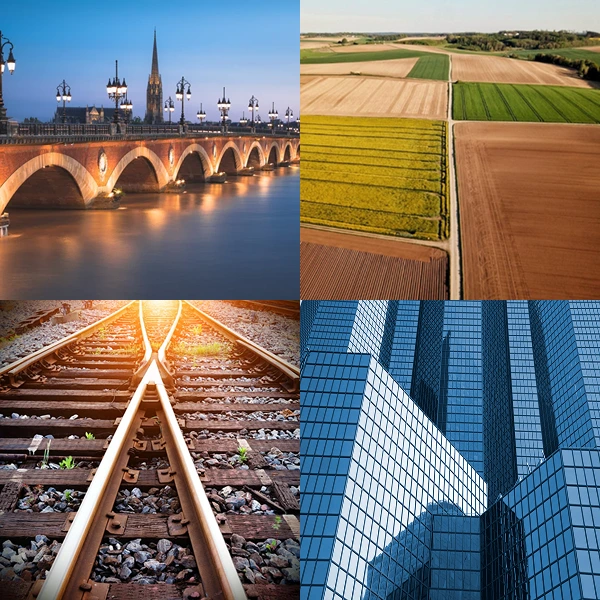 Mosaïque de 4 photos représentant les piliers de la stratégie territoriale